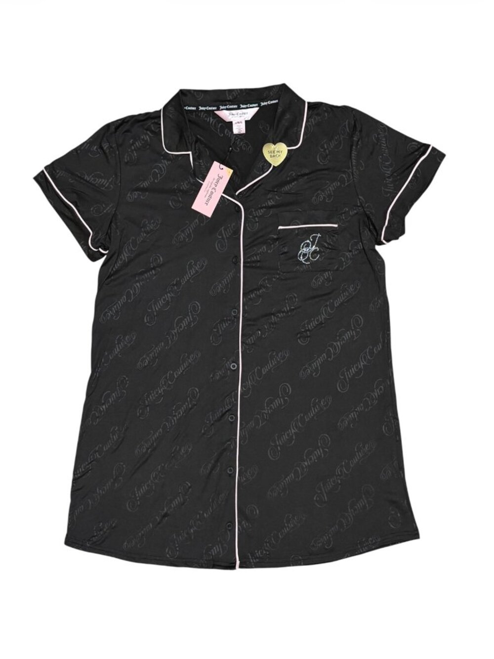 Juicy Couture Black Logo Rhinestone Pocket Sleep Shirt Nightgown Large NWT